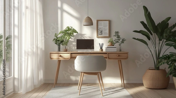 Fototapeta Bright Scandinavian Home Office with Wooden Furniture and Indoor Plants