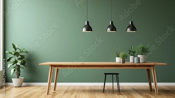 Fototapeta Modern Scandinavian Dining Room with Wooden Table, Pendant Lights, and Green Walls