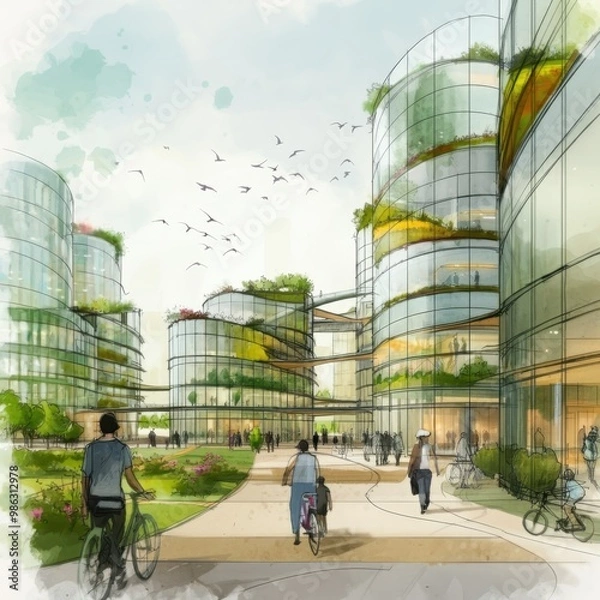 Fototapeta Sustainable urban design featuring eco-friendly elements. Generative AI