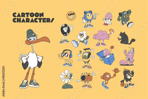Obraz collection of retro cartoon character mascots, vector illustration