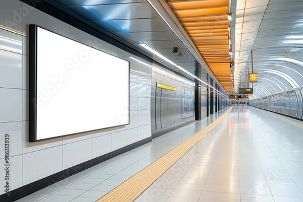 Fototapeta A modern subway station with a blank digital billboard, empty platform, and clean tiled walls, perfect for advertising.