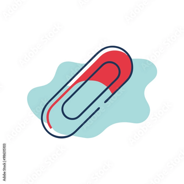 Fototapeta A red and blue clip with a red dot on it is placed on a blue background. The clip is designed to hold papers together, and its bright colors make it easy to spot