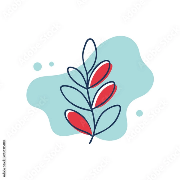 Fototapeta A leafy green plant with red veins. The leaf is drawn in a stylized way, with a blue background