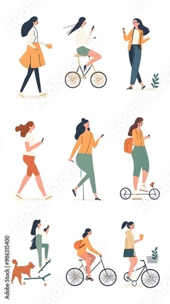 Fototapeta Vector illustration of people in different poses, riding bicycles and walking dogs on a white background, with a flat design, minimalist style, simple shapes, and a vector art style.