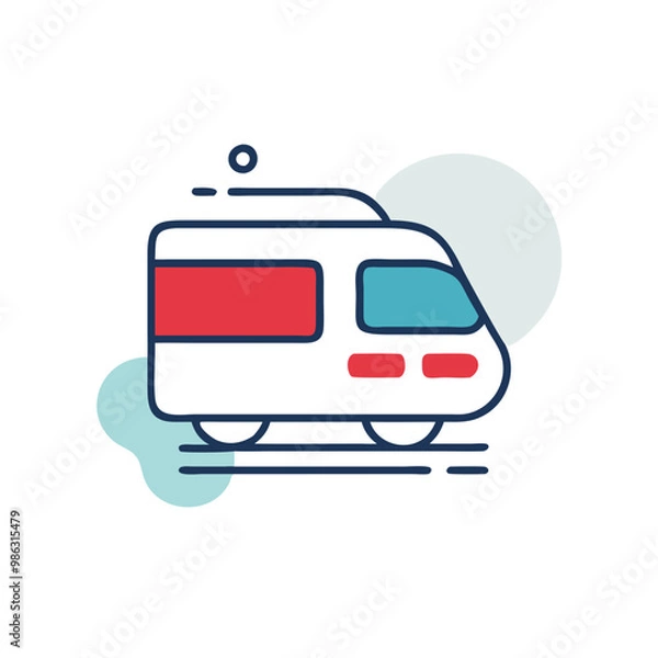 Fototapeta A white train with red and blue stripes. The train is moving on a track. The train is a symbol of transportation and travel