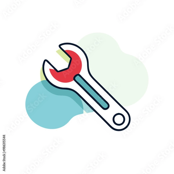Fototapeta A wrench is shown in a blue and green color scheme. The wrench is red and white. The wrench is a tool used for tightening and loosening nuts and bolts