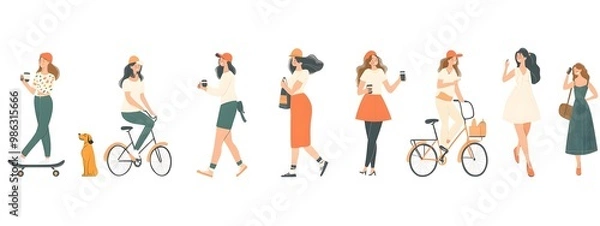 Fototapeta Vector illustration of people in different poses, riding bicycles and walking dogs on a white background, with a flat design, minimalist style, simple shapes, and a vector art style.