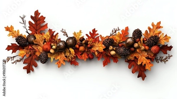 Fototapeta Autumn-themed foliage and pine cone arrangement, white isolate background.