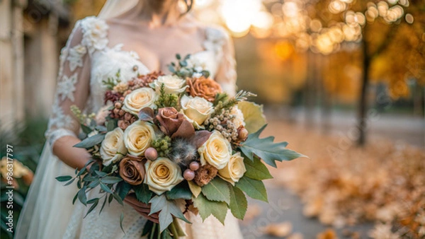 Fototapeta Bride holding elegant autumn wedding bouquet with orange and yellow flowers in park