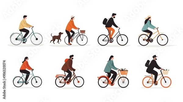 Obraz Vector illustration of people in different poses, riding bicycles and walking dogs on a white background, with a flat design, minimalist style, simple shapes, and a vector art style.