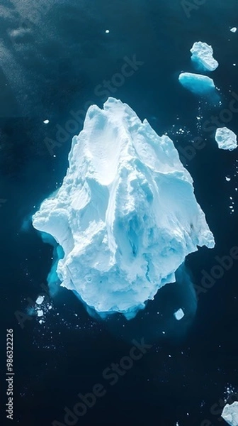 Fototapeta An aerial view of an iceberg floating in the water, showcasing its massive size and intricate details. The cold blue tones of the ice contrast with the dark ocean waters.