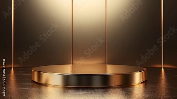 Fototapeta A glossy golden podium with a spotlight, set against a sleek dark background, creating a luxurious and modern ambiance.
