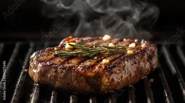 Obraz A hot, juicy ribeye steak with visible grill marks, steam rising from the meat, and garnished with rosemary and garlic butter.