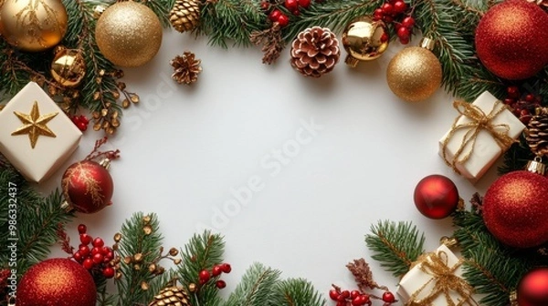 Fototapeta Festive holiday decorations featuring red ornaments and greenery arranged on a white background