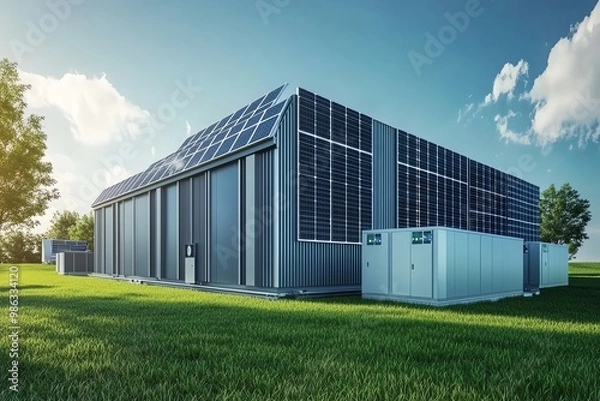 Fototapeta Modern industrial building with solar panels on the roof, surrounded by green grass and trees under a clear sky.