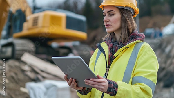 Fototapeta Construction site worker using a tablet for project planning during the day in a busy area