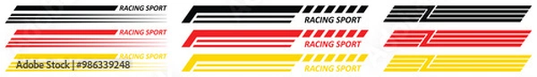 Fototapeta Yellow Golden Black racing sport car strips arrow and race line decals for speed. Vector race car, auto, motorcycle, bike vinyl stickers and lines. Racing start and finish flag