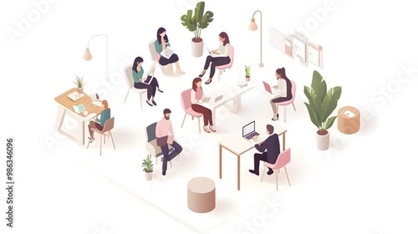 Fototapeta Isometric vector illustration of people in an office, working together at tables and desks, against a white background.
