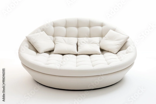 Fototapeta A sleek, round modern couch in a minimalistic living room with soft, neutral tones. The couch is upholstered in plush white fabric with clean lines, on white background