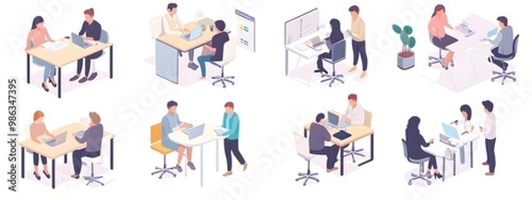 Fototapeta Isometric vector illustration of people in an office, working together at tables and desks, against a white background.