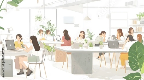 Fototapeta Isometric vector illustration of people in an office, working together at tables and desks, against a white background.