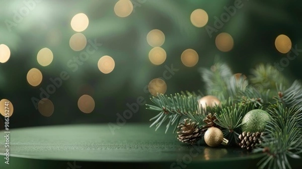 Fototapeta Christmas decorations on a green table with a tree behind