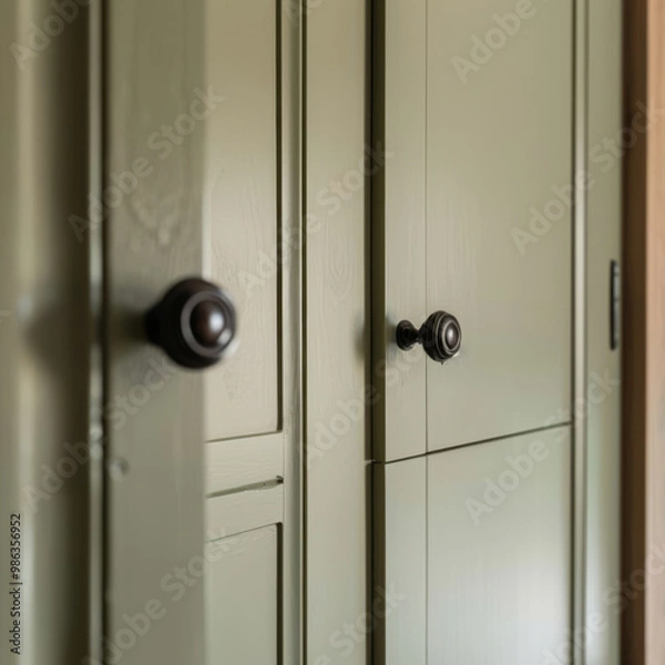 Fototapeta A close up view of stylish green cabinet featuring elegant black knobs, showcasing modern design that adds touch of sophistication to any interior space