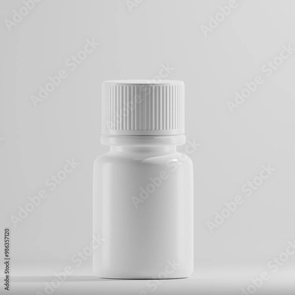 Fototapeta A clean, white plastic bottle with a ribbed cap, is commonly used for storing pills or other medications. The simple design is perfect for a variety of pharmaceutical products. The bottle is empty