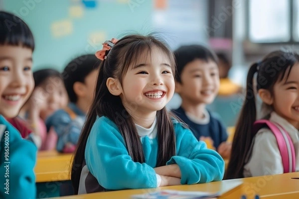 Fototapeta happy children smiling in the classroom in the school	
