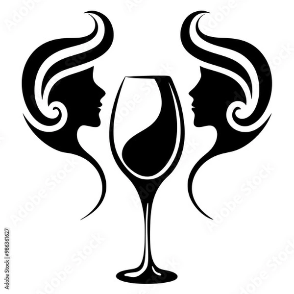 Fototapeta Stylized Vector Wine Glass with Abstract Human Profiles and Dynamic Liquid Splashes