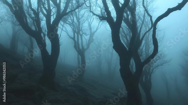 Fototapeta Spooky forest with fog rolling through gnarled trees