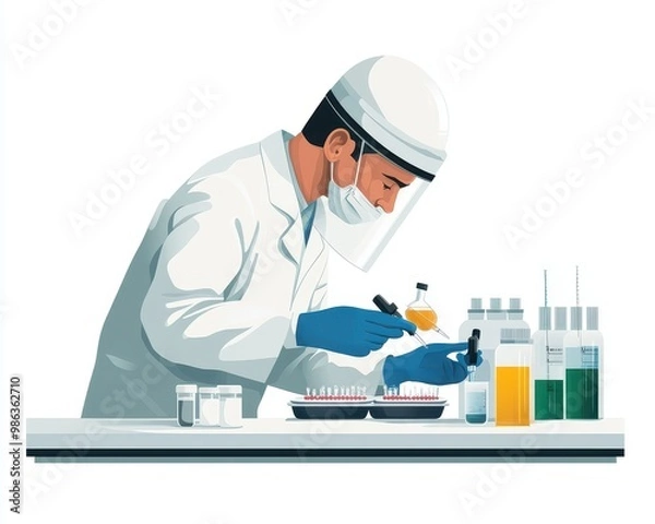 Fototapeta Illustration of a scientist working in a laboratory, conducting experiments with various liquids and samples, showcasing scientific research.