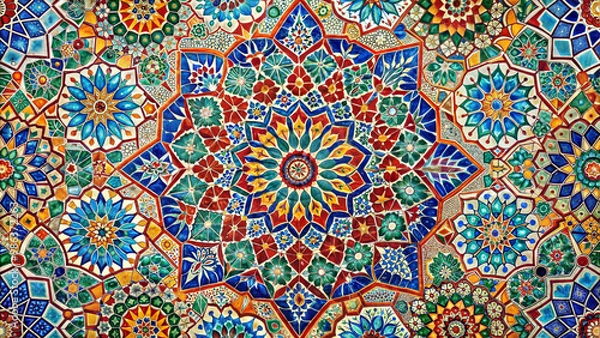 Fototapeta Intricate traditional mosaic pattern in vibrant colors showcasing floral designs and geometric shapes

