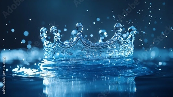 Fototapeta A sparkling crown made of water splashes, creating a beautiful and dynamic scene in a serene blue atmosphere.