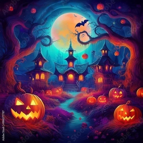 Fototapeta abstract and colorful beautiful illustration of halloween themed scene