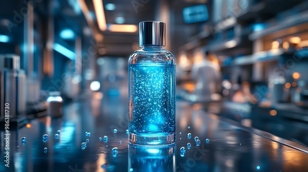 Fototapeta A sleek bottle filled with glowing blue liquid sits on a reflective surface, illuminated by soft lights, creating a futuristic and captivating ambiance.