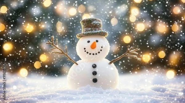Fototapeta adorable snowman with twig arms and carrot nose surrounded by softly falling snowflakes festive winter wonderland backdrop with twinkling lights and evergreen trees