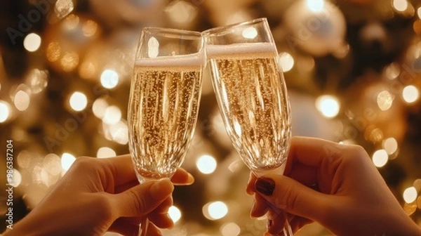 Fototapeta elegant hands raising crystal champagne flutes in a festive toast sparkling bubbles and warm holiday lights create a magical christmas atmosphere