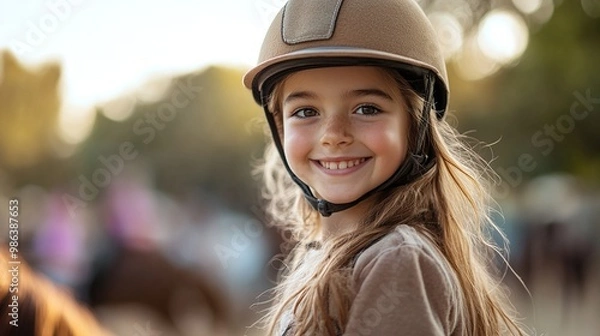 Fototapeta young girl at equitation lesson riding a horse wearing safety helmet and smiling at camera enjoying the outdoor fun of horse riding and learning equestrian sport in a joyful and safe environment