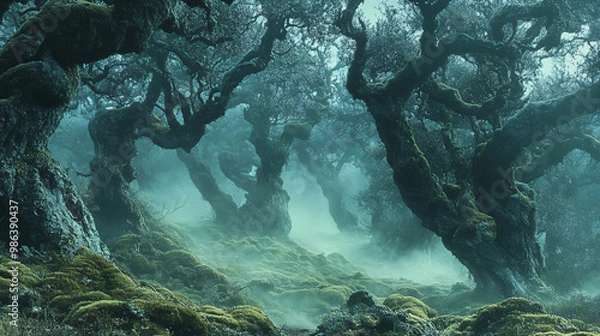 Fototapeta Fog rolling through a forest with twisted, gnarled trees