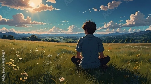 Fototapeta Anime Boy Sitting in Field with Mountains in Background