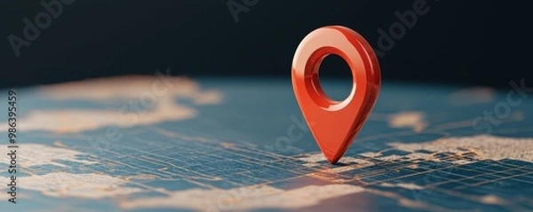 Fototapeta Red location pin on a digital map against a dark background.