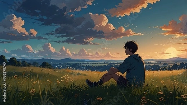 Fototapeta Lonely Figure at Sunset in a Field