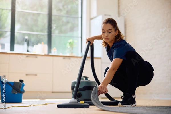 Fototapeta Young housemaid vacuuming  floor.