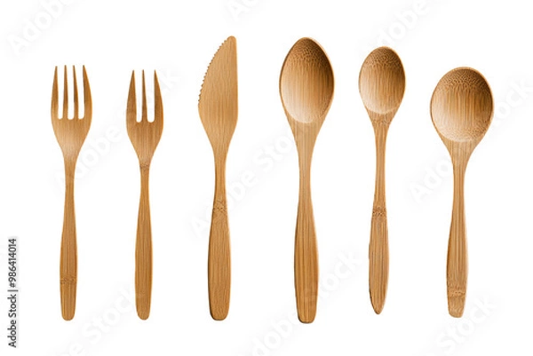 Fototapeta Set of biodegradable cutlery made from bamboo and cornstarch,Isolated on transparent background