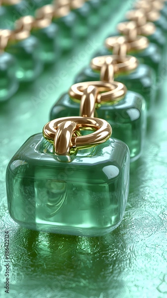 Fototapeta Delicate green glass blocks linked by golden rings on a textured surface
