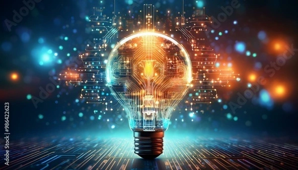 Obraz Illustration of a glowing lightbulb symbolizing creativity and innovation, surrounded by an explosion of colors, dynamic particles, and abstract shapes. Generative AI