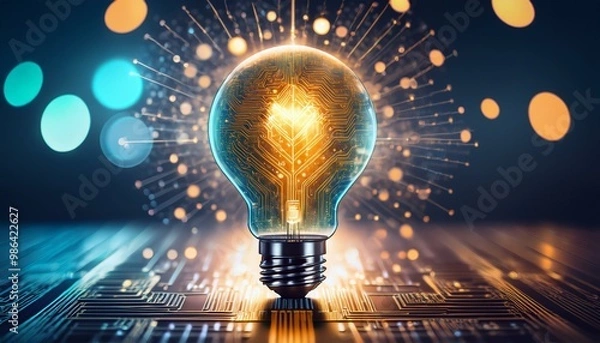 Obraz Illustration of a glowing lightbulb symbolizing creativity and innovation, surrounded by an explosion of colors, dynamic particles, and abstract shapes. Generative AI
