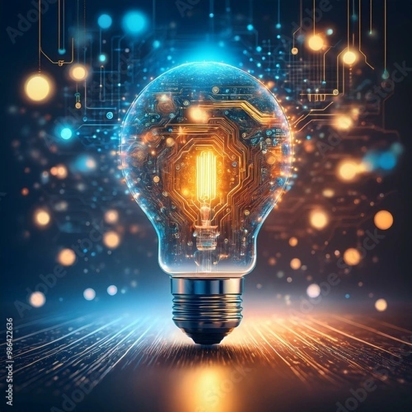 Obraz Illustration of a glowing lightbulb symbolizing creativity and innovation, surrounded by an explosion of colors, dynamic particles, and abstract shapes. Generative AI