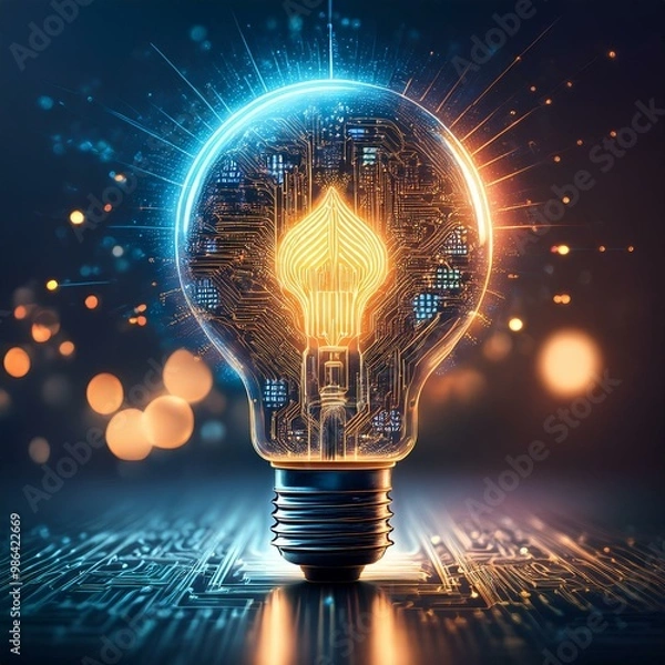 Obraz Illustration of a glowing lightbulb symbolizing creativity and innovation, surrounded by an explosion of colors, dynamic particles, and abstract shapes. Generative AI